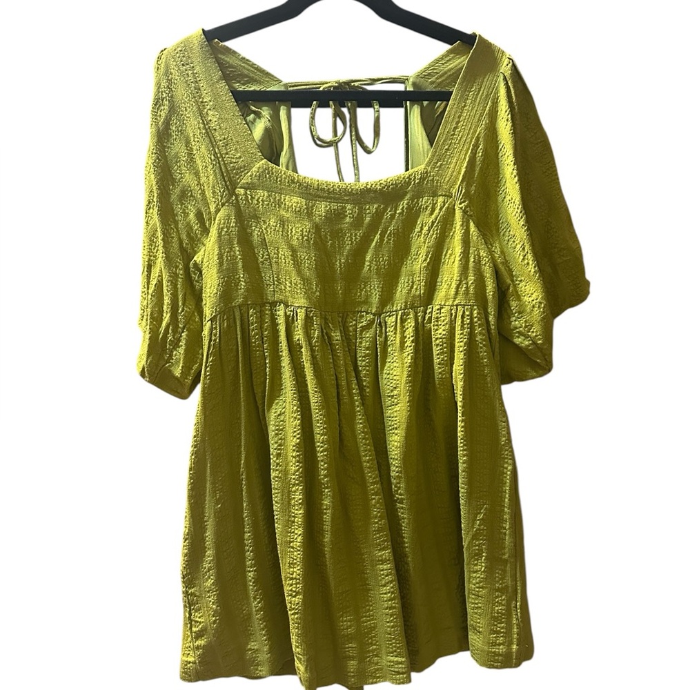 Free People Gigi Blouson Puff Sleeve Tunic Dress Medium Chartreuse Boho Pockets - Picture 9 of 12